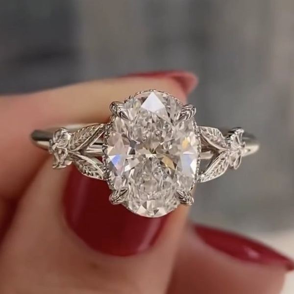 Oval Lab Grown Diamond Engagement Ring with Floral Leaf Art Deco Setting in White Gold