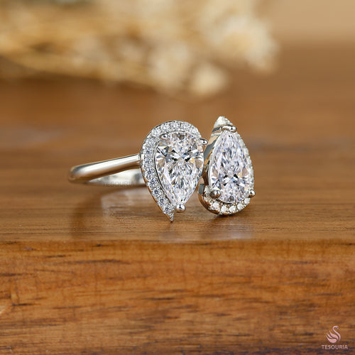 Toi Et Moi Pear Cut Colorless Moissanite Half Halo Ring, 18K Solid Gold Two Stone Wedding Ring, Open Cuff Moissanite Engagement Ring For Her