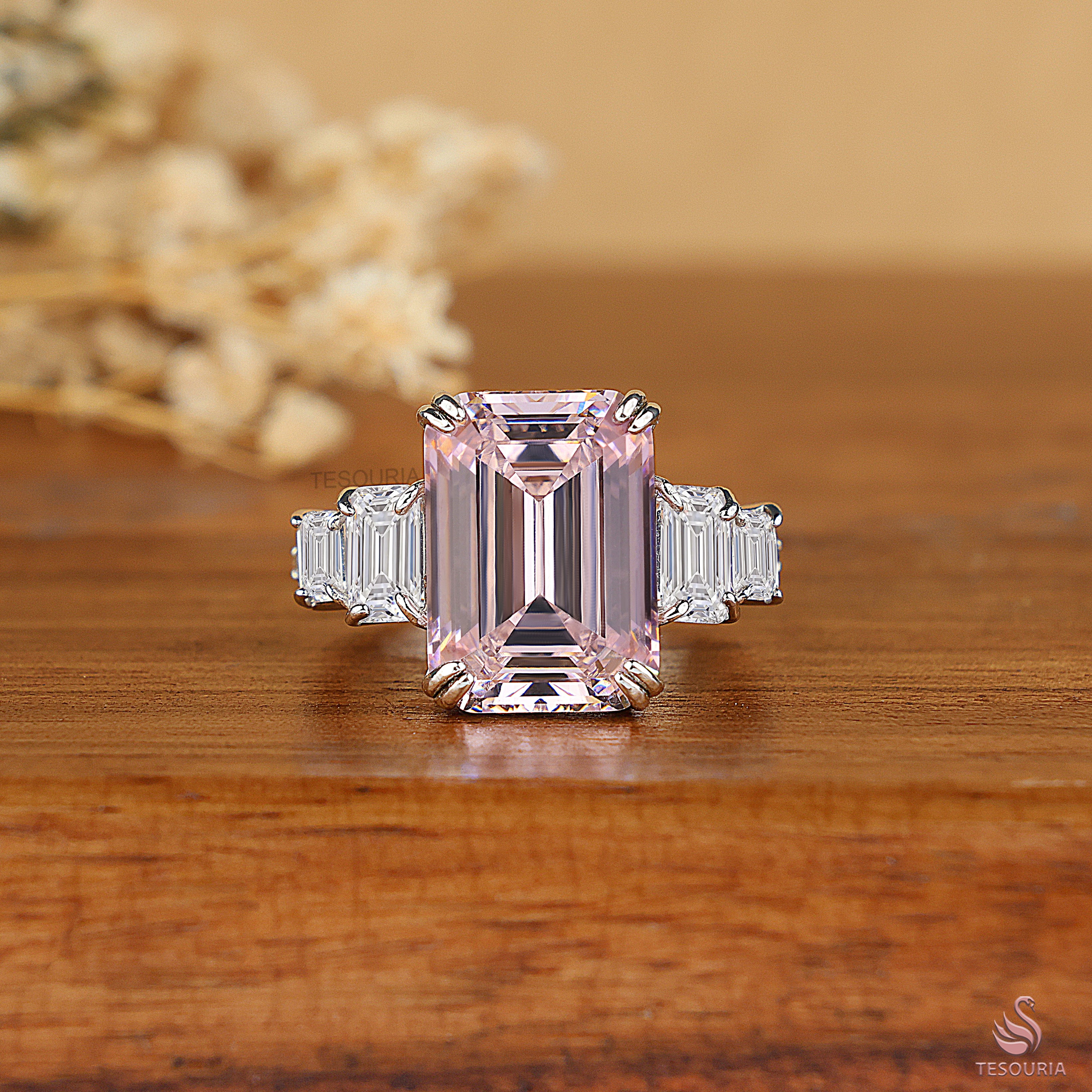 Emerald Cut Pink Lab Grown Diamond Ring, Five Stone Engagement Ring