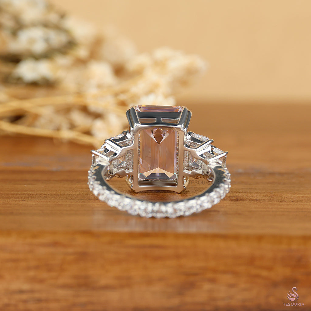 Emerald Cut Pink Lab Grown Diamond Ring, Five Stone Engagement Ring