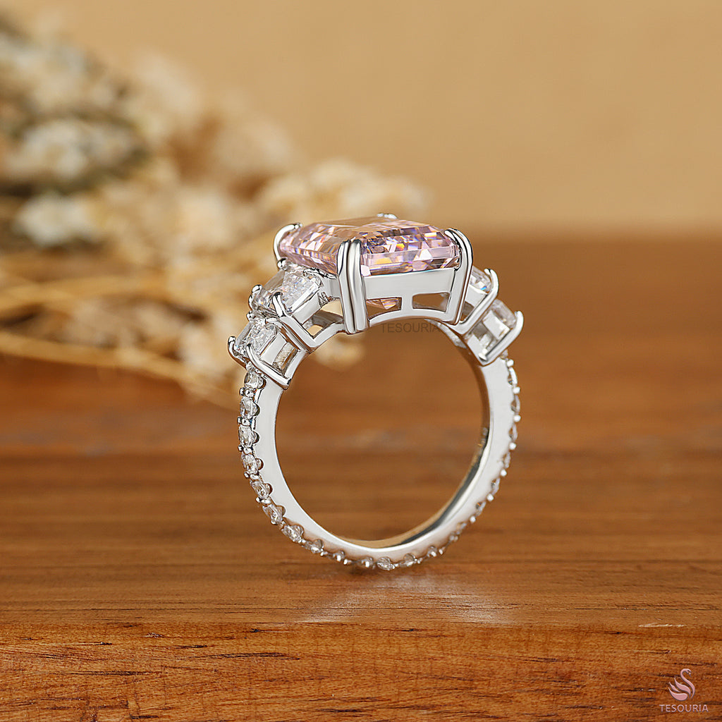 Emerald Cut Pink Lab Grown Diamond Ring, Five Stone Engagement Ring