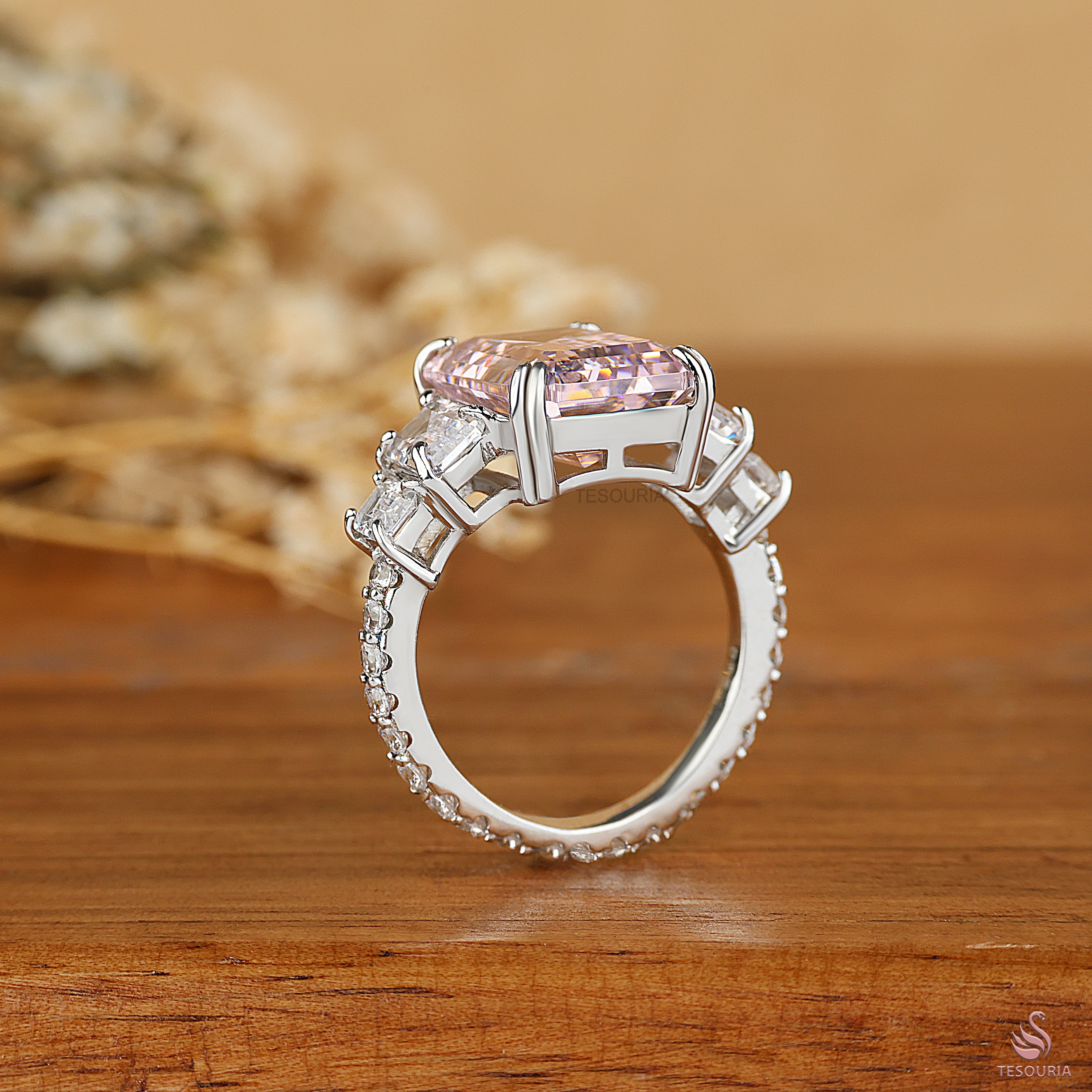 Emerald Cut Pink Lab Grown Diamond Ring, Five Stone Engagement Ring