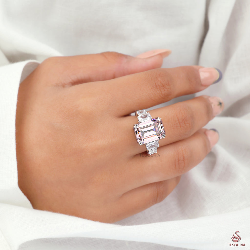 Emerald Cut Pink Lab Grown Diamond Ring, Five Stone Engagement Ring