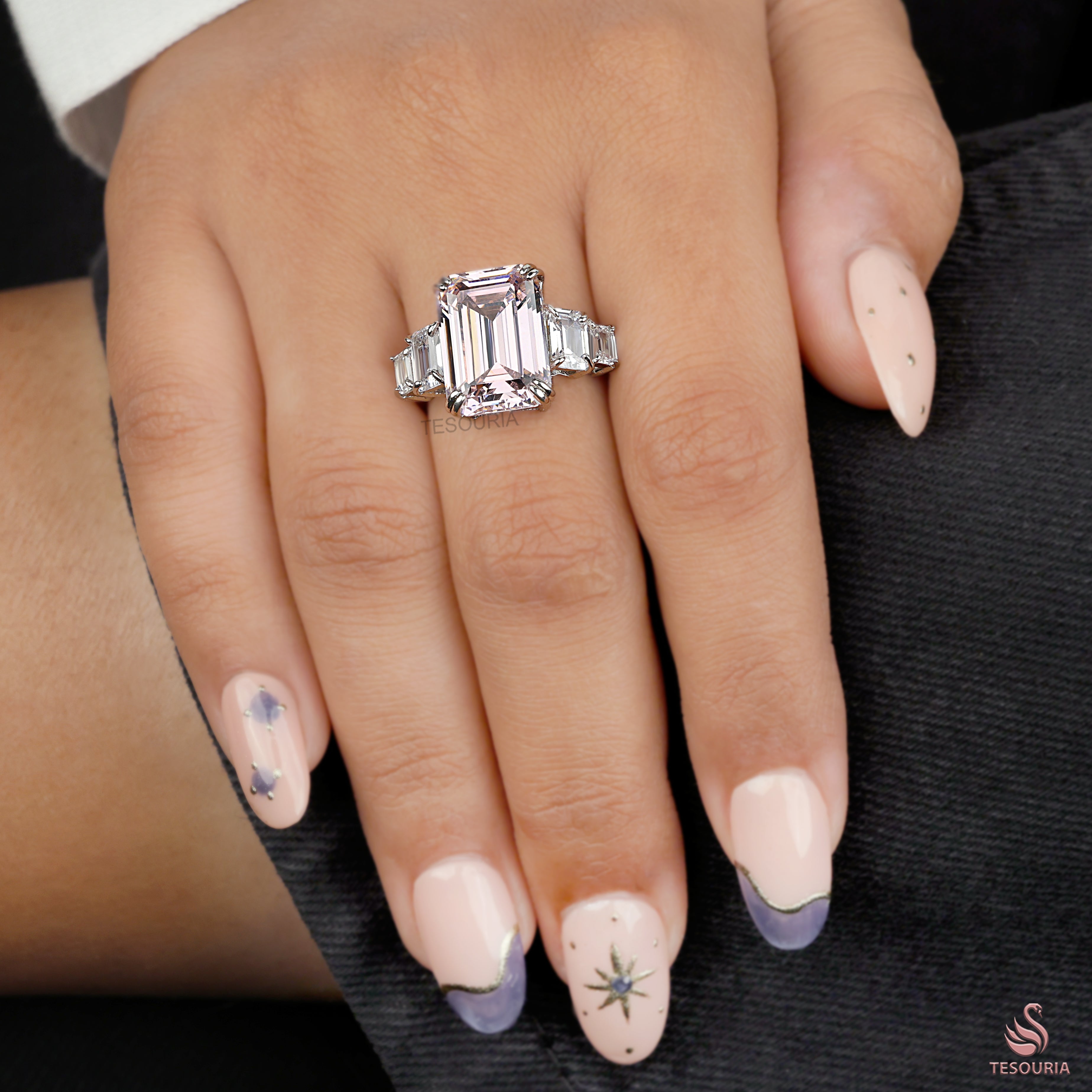 Emerald Cut Pink Lab Grown Diamond Ring, Five Stone Engagement Ring