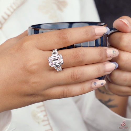 Emerald Cut Pink Lab Grown Diamond Ring, Five Stone Engagement Ring