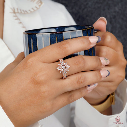 Floral Style Diamond Engagement Ring, 1.50 CT Round Cut Moissanite Cluster Wedding Ring