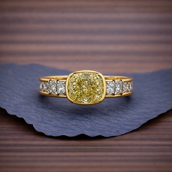 East West Yellow Cushion Moissanite Engagement Ring Half Bezel Solid Gold Wedding Ring