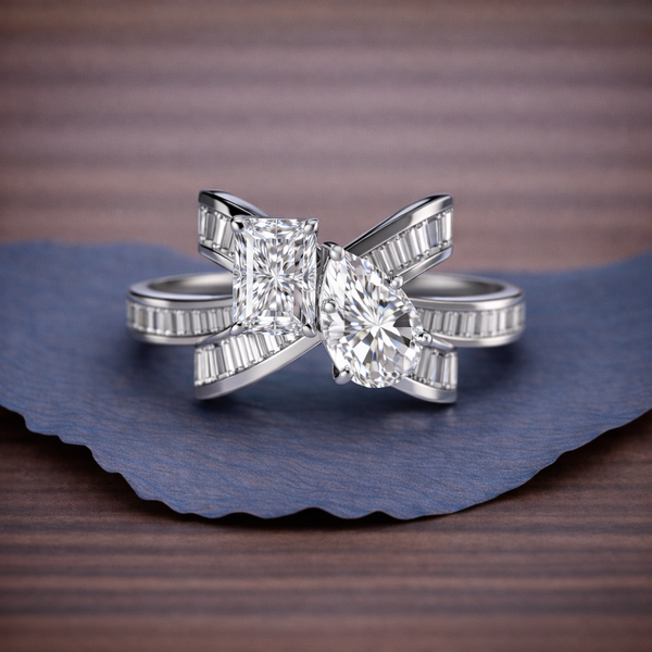 6.48 TCW Toi Et Moi Lab Grown Diamond Engagement Ring Radiant Pear Cut Baguette Band White Gold Wedding Ring