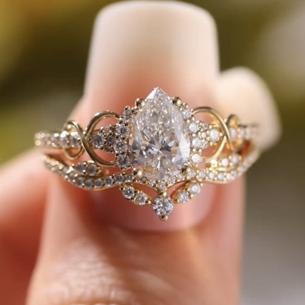 Pear Cut Moissanite Engagement Ring Set Solid Gold Bridal Set