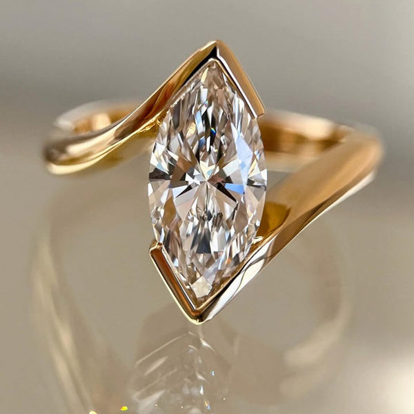 Half Bezel Set Marquise Cut Engagement Ring Bypass Lab Grown Ring Solid Gold Wedding Ring Anniversary Rings For Women Promise Ring