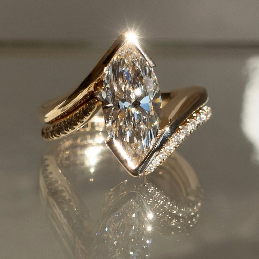 Half Bezel Set  Marquise Cut Lab Grown Engagement Ring Set  Bridal Sets Wedding Ring Set Anniversary Ring Set For Women