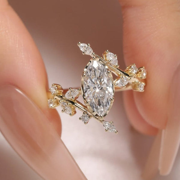 Floral Style  Marquise Cut Lab Grown Engagement Rings Vintage Art Deco  Wedding Rings Nature Inspired Ring Anniversary Ring
