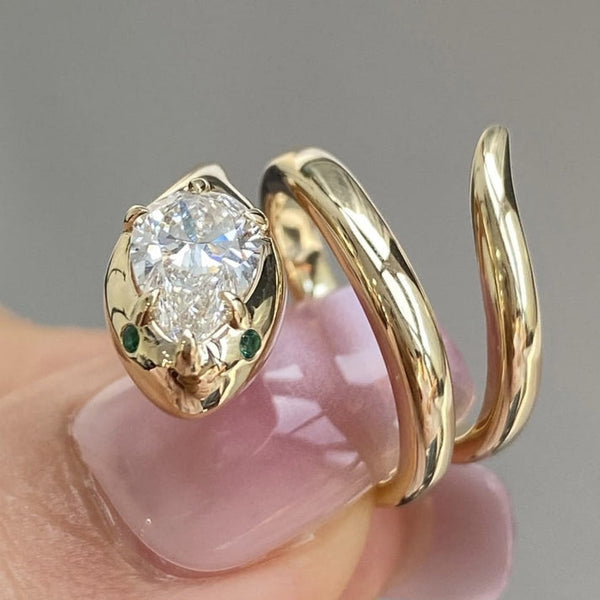 Snake Pear Cut Moissanite Engagement Ring Spiral Snake Ring, Wrap Around Ring, Serpent Viper Open Ring, Animal Wrap Ring
